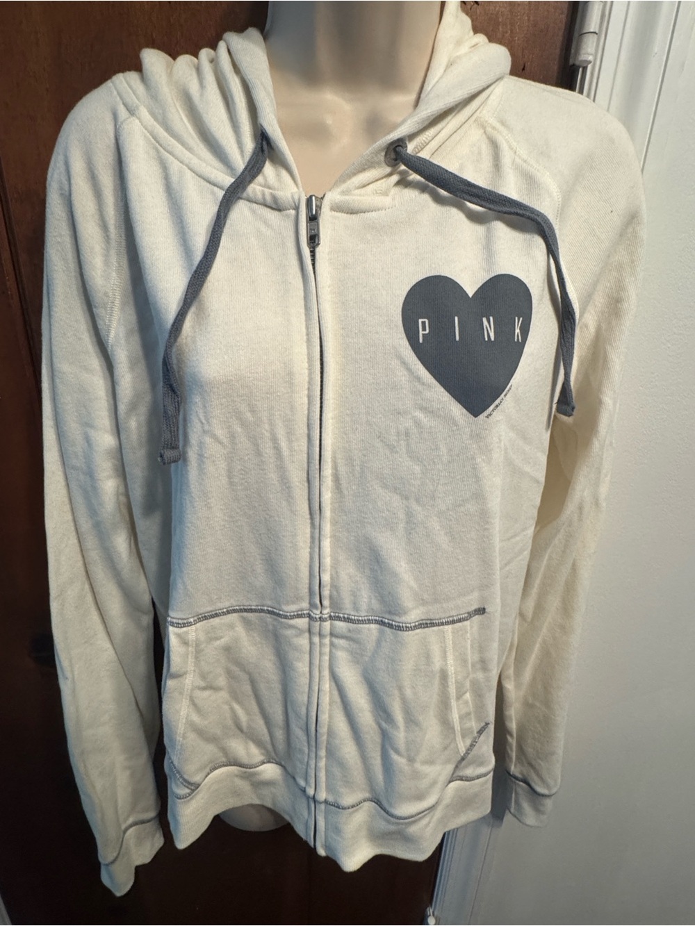 Victoria's Secret PINK Cream Zip Hoodie with Gray Heart Logo
